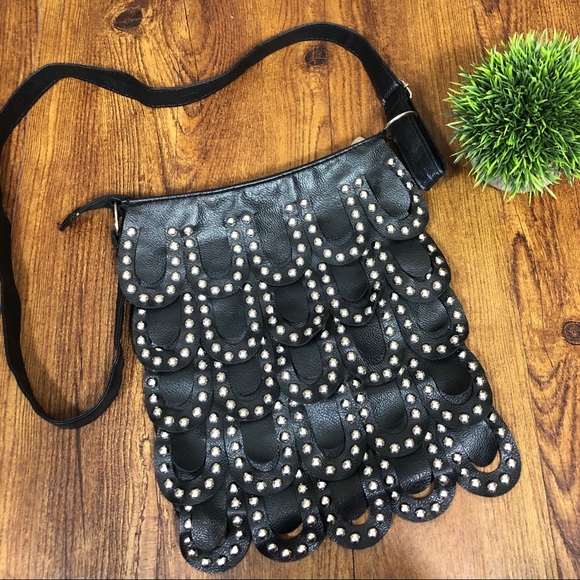 Handbags - Black faux leather studded flap crossbody purse
